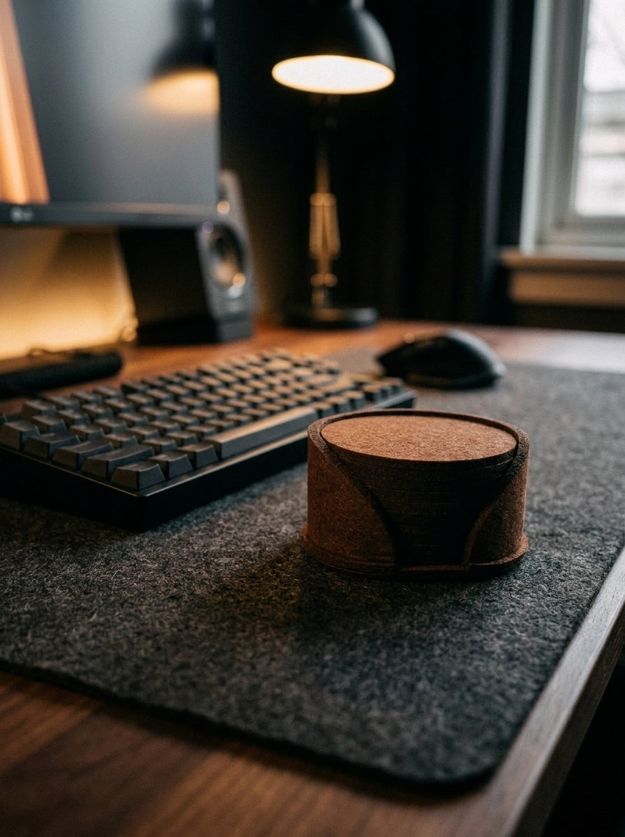 A dark brown cylindrical desk accessory with a textured cork-like top and curved dark base, placed on a gray felt desk mat on a wooden desk next to a keyboard, mouse, and lamp.
