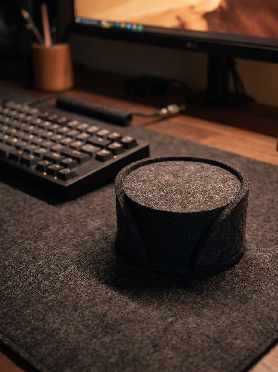 A dark gray felt desk mat with a matching cylindrical cup or coaster in the foreground, with a keyboard and monitor blurred in the background on a wooden desk.