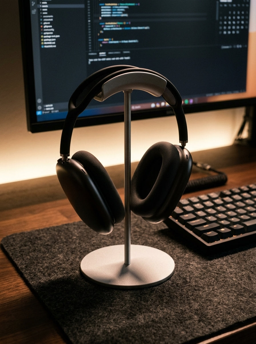 Black over-ear headphones displayed on a silver stand on a desk, with a blurred computer monitor, keyboard, and warm ambient lighting in the background.