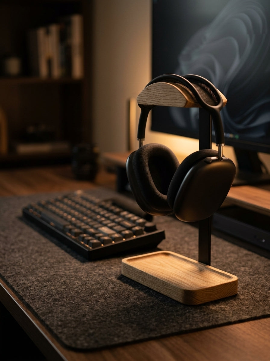 Black over-ear headphones displayed on a wooden stand on a desk, with a keyboard and monitor in a dimly lit home office setting.