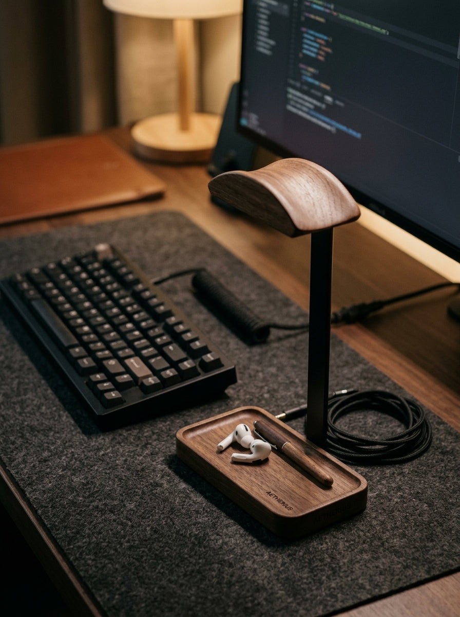 A modern desk setup featuring a black mechanical keyboard on a dark gray felt desk mat, alongside a black computer monitor, a wooden stand, and a matching wooden pen tray holding white earbuds.